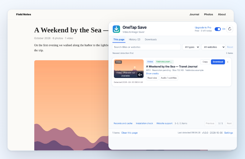 OneTap Save detecting a video on a web page